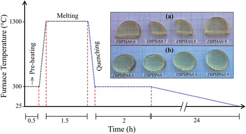 Figure 1. The glass-ceramics preparation thermal history. Inset: the physical appearance of the prepared samples under natural light (a) Series I, and (b) Series II.