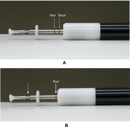 Figure 2 (A) Pneumatonometer probe: red and black lines on probe piston demarcate proper alignment for use. (Image courtesy of BostonSight, Needham MA). (B) Pneumatonometer probe shown in proper alignment position to achieve during use. The white housing of the probe handle must be oriented between the black and red lines for the measurement to be accurate. Additionally, note the dotted arrow showing proper placement of the re-useable plastic tip, halfway down the metal tube. (Image courtesy of BostonSight, Needham MA).