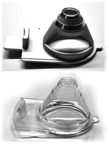 Figure 1 The Alcon/WaveLight® FS200 patient interfaces 1504 (metal and glass, top) and 1505 (clear cone, bottom).