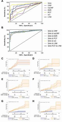 Figure 3. The prediction of different bio-markers for the risk of disease progression from mild type to more advanced types and the incidence of death in different levels of markers. (a) The areas under the ROC curves (AUC) for SAA, CRP, hsCRP, ESR, PCT, IL-6 and lymphocyte count, (b) The AUC for the various combinations. SAA plus CRP (Logit P = −0.039 + 0.056× SAA + 0.121× CRP), SAA plus hsCRP (Logit P = 0.375 + 0.035× SAA + 0.110× hsCRP), SAA plus ESR (Logit P = 0.197 + 0.075× SAA + 0.008× ESR), SAA plus PCT (Logit P = −0.453 + 0.241× SAA – 0.067× PCT), SAA plus IL-6 (Logit P = −0.113 + 0.055× SAA + 0.028× IL-6) or SAA plus lymphocyte count (Logit P = 1.837 + 0.074× SAA – 1.099× lymphocyte count). The AUC for SAA plus PCT and lymphocyte count (Logit P = 1.163 + 0.199× SAA + 0.391× PCT – 1.019× lymphocyte count). The comparison of cumulative incidence percentages in different levels of (c) SAA, (d) CRP, (e) hsCRP, (f) IL-6, (g) PCT and (h) ESR