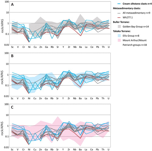 Figure 8. Spider diagrams for metasedimentary clasts compared to key basement sources. Normalised to average post-Archean shale (APAS) of Taylor and McLennan (Citation1985).