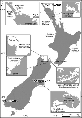 Figure 2. Map of New Zealand highlighting sites where benthic and epiphytic dinoflagellates referred to in this study were collected.