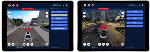 Figure 6. Initial tele-assistance user interface design for “integration into heavy traffic” (left) and “communication with a law enforcement representative” (right) scenarios.