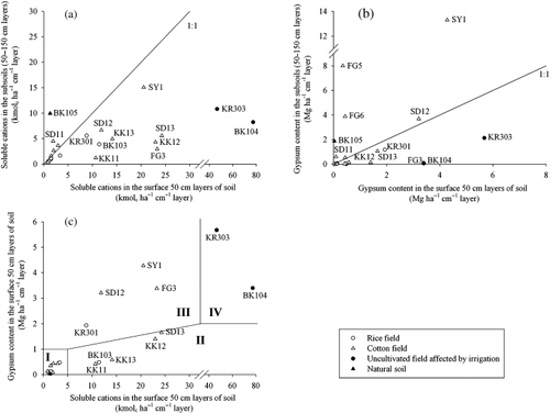 Figure 5  Degree of surface accumulation of (a) soluble cations and (b) gypsum and (c) comparison of them in soils under different land uses. Soils were arbitrarily classified into four groups, I, II, III, IV, based on the abundance of soluble cations and gypsum in (c).