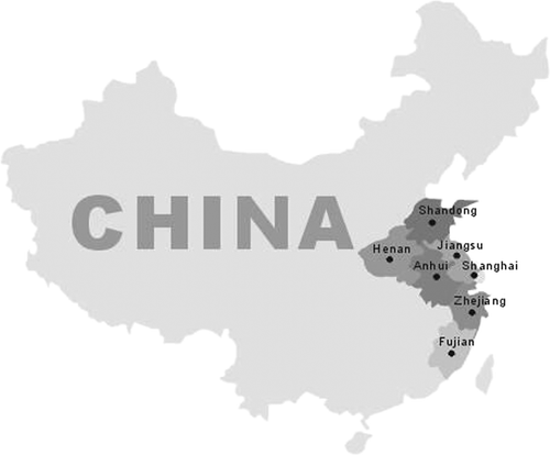 Figure 1.  Map of China showing Shanghai and Shandong, Henan, Anhui, Jiangsu, Zhejiang and Fujian provinces, where sampling ducks came from during the Newcastle disease virus surveillance program at LBMs.