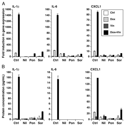 Figure 5. Small-molecule kinase inhibitors block the expression of IL-1β, IL-6, and CXCL1. BMDM were treated with doxorubicin, vincristine, or both for 12 h in the presence or absence of nilotinib, ponatinib, or sorafenib as indicated. (A) RNA was extracted from the cells and processed for real-time RT-PCR. (B) Cytokine levels in the medium were quantitated using a multiplex assay.