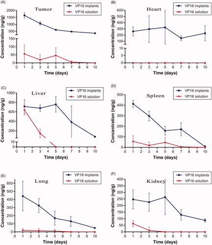 Figure 6. Tissue concentration–time curve for VP16 implants and VP16 solution. (A) Drug concentration in tumor at different time intervals. (B) Drug concentration in heart tissue at different time intervals. (C) Drug concentration in liver tissue at different time intervals. (D) Drug concentration in spleen tissue at different time intervals. (E) Drug concentration in lung tissue at different time intervals. (F) Drug concentration in kidney tissue at different time intervals.