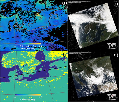Fig. 9. (a) Two granules with AOT (550 nm) at 10-km resolution, retrieved from MODIS c061 Aqua observations at 11:25 and 11:30 UTC on 22 September 2006. (b) Land sea flag (based on MOD03 c061 land sea mask), where 0 = ocean, 1 = land and 2 = coastal (coastal, Ephemeral and shallow inland water). (c and d) MODIS visible composite picture corresponding to 11:30 and 11:25 UTC, respectively, on 22 September 2006. Note that the scenes in (a) and (b) cover the Northern Europe, while a larger part of Europe is covered by the pictures combined in (c) and (d). The scenes in (a) and (b) cover the same area as the one shown in Fig. 1.