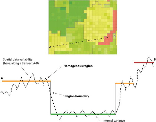 Figure 4. Variance-based regionalization along a transect of a spatially varying variable. Note that lower internal variance may produce larger regions.
