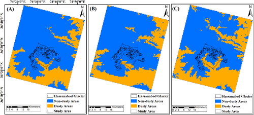 Figure 9. NDDI results showing dust coverages on (A) 17 April 2022 (671.2 km2), (B) 2 May 2022 (738.6 km2) and (C) 10 May 2022 (946.2 km2).