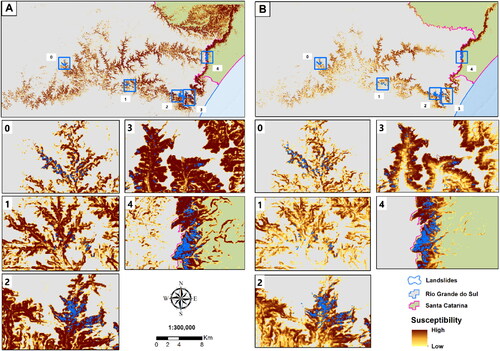 Figure 6. Comparison of landslides areas between the best models: A) best model with separated samples, Single Model; B) best model with jointed samples, Full Model.