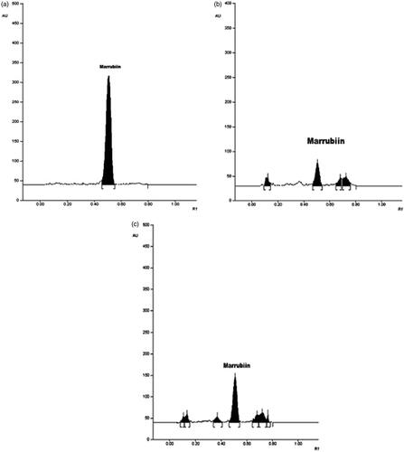 Figure 7. (a). Chromatogram showing AUC for the marrubiin. (b) Chromatogram showing AUC for the conventional extract (SME). (c) Chromatogram showing AUC for the extract obtained by MAE.