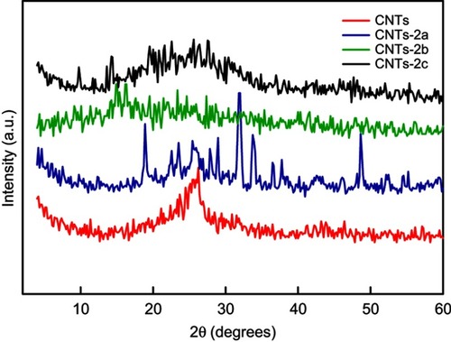 Figure 6 XRD patterns of CNTs and grafted CNTs with pyrazolone derivaties, CNTs-2(a-c).Abbreviations: CNTs, carbon nanotubes; XRD, X-ray diffractogram.