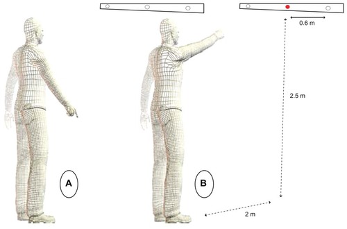 Figure 1 Representation of the subject position. (A) Position before the go-signal (initial position). (B) Position at the end of the hand movement.