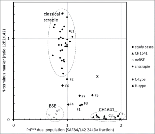 Figure 5. Two features for BSE and CH1641 recognition in TSE-infected sheep plotted for individual samples. The sample numbers for the 7 French samples and for some other samples (goat CH1641 case Cgt, NIAH experimental scrapie case J1, NIAH experimental CH1641 case C1). By surrounding data points by the dashed circles, it is clear that the 7 study cases exhibit an intermediate behavior between scrapie, BSE and CH1641.