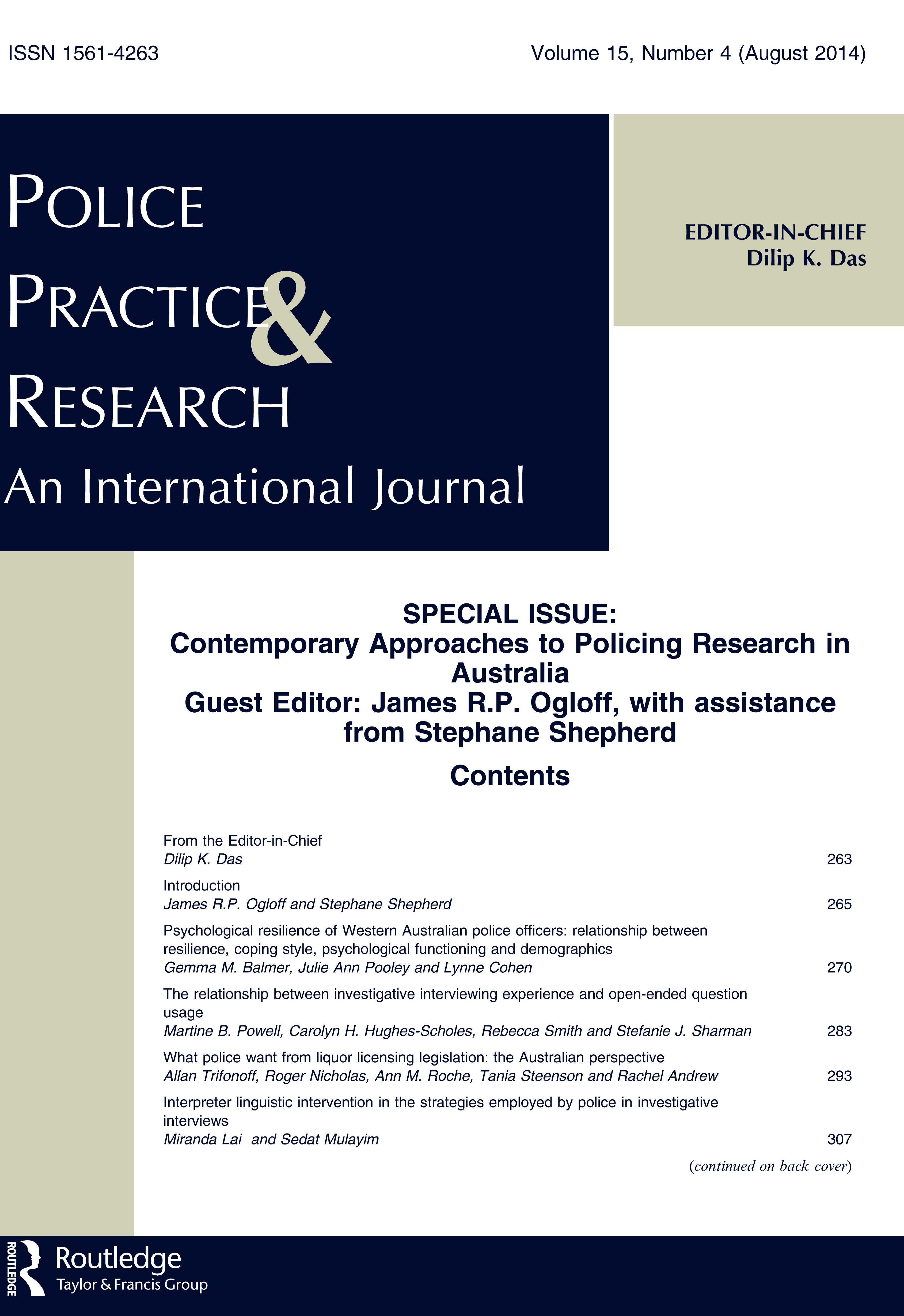 Cover image for Police Practice and Research, Volume 15, Issue 4, 2014