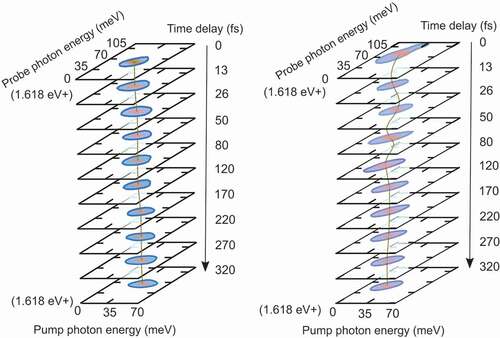 Figure 4. Photocurrent-detected 2D spectroscopy (PC2DS) of PTB7/PC71BM binary donor-acceptor (left) and PTB7/PCDTBT/PC71BM ternery blend (right) solar cells. The power conversion efficiency of the binary blend is less than 5% while that of the ternery blend is 9.5%. Strong oscillations are observed only in the PC2DS of the ternary blend within 100 fs of the pump-probe delay, indicating that vibronic coherence contribute to the photocurrent generation in high efficiency polymer solar cells.