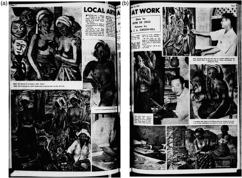 Figure 4. (a) and (b) Peter De Cruz ‘Local Artists At Work’, The Free Press, 16 November Citation1953, p. 8–9. Reprinted with permission, SPH Media Limited.