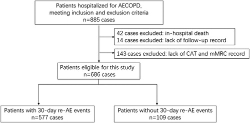 Figure 1. Flowchart of case selection. AE: acute exacerbation; COPD: chronic obstructive pulmonary disease; CAT: COPD assessment test; mMRC: modified Medical Research Council.