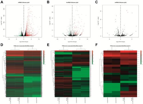 Figure 2 Volcano plots and heat maps for differentially expressed lncRNAs, miRNAs, and mRNAs in GSE148729. First line, volcano plots for all SARS-CoV-2-related (A) mRNAs, (B) lncRNAs, and (C) miRNAs; Second line, heat maps showing differentially-expressed (D) mRNAs, (E) lncRNAs, and (F) miRNAs with a fold change ≥ 3 (p<0.05), respectively.