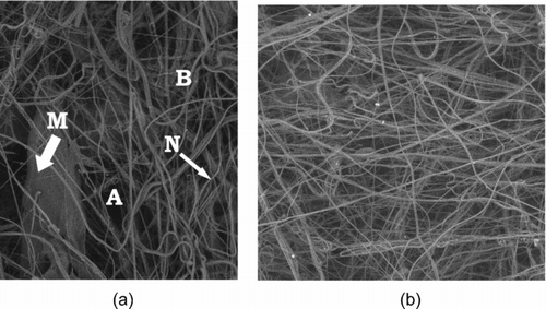 FIG. 1 Micrograph of the mono- (a) and multilayer (b) nanofibrous structures produced with modified melt-blown technique.