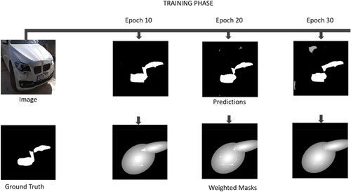 Figure 3. Changing of the weight mask and predictions in different epochs.