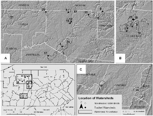 Fig. 1. Map showing general sampling locations across Pennsylvania with county names and status, with their delineated upstream watersheds shown in inset maps A, B, and C. Numbers correspond to watershed characteristics found in Table 1.