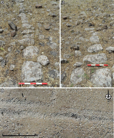 Fig. 3: An example of a typical a) spina and b) curb; c) remains of R2; note the field walls overlying the curbs on the left (photos by A. Pazout)