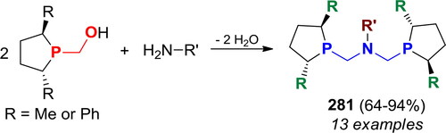 Scheme 161. Reaction of 1-hydroxymethyl-2,5-dimethyl- or 2,5-diphenyl-phospholane with primary amines. Products, yields, 31P NMR shifts, and related references, are listed in Table S45.