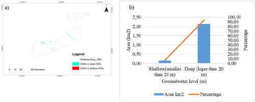 Figure 7. (a) Areas identified as GDE with shallow GWL (less than 20 m) and deep GWL (larger than 20 m) and (b) the area and percentage of GDEs in GWL.