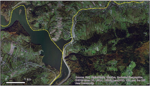 Figure 3. Reconstruction of the closed section between Wadowice and Skawce and the redesigned section between Kraków and Zakopane that was built due to water reservoir construction in the Polish Carpathians. In the database, in each case, the original shape from times of construction of the lines in 1884 and 1899 was reconstructed; source: Bing Imagery, ArcMap basemap.