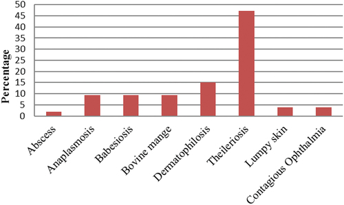 Figure 2. Percentage distribution of the tentative diagnosis of the cattle disease (DVS quarterly report, March 2021) (number of cases = 53).