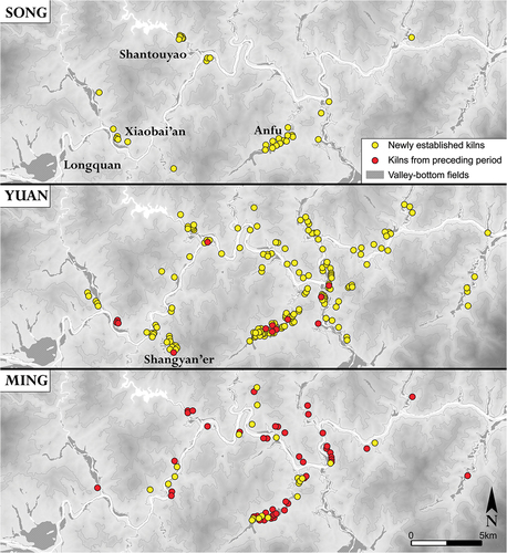 Figure 2. Kiln distribution by period within the Eastern Group of Longquan kilns (based on: ZJSWWKGYJS Citation2005, 47–57).