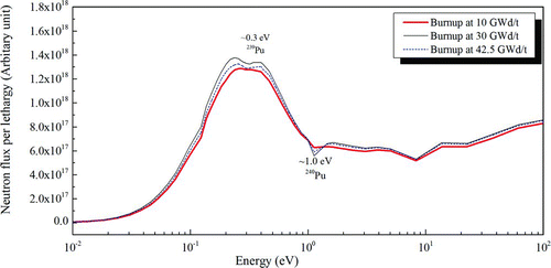 Figure 13 The neutron flux in fuel kernels at energy level 0.01–100 eV in various burnup periods: 10 GWd/t, 30 GWd/t, and 42.5 GWd/t