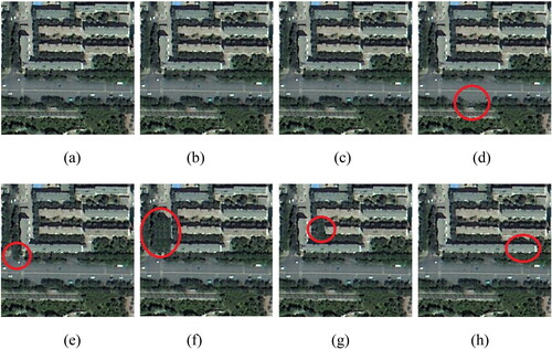 Figure 5. Examples of integrity authentication for HRRS image. (a) original images in Tiff format；(b) Image converted to PNG format; (c) Image after LSB watermark embedding; (d) Subject-unrelated tampering test 1; (e) Subject-unrelated tampering test 2; (f) Subject-related tampering test 1; (g) Subject-related test 2; (h) Subject-related tampering test 3.