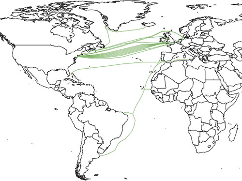 Figure 1. Trans-Atlantic cables built during the first boom still operating in May 2020.