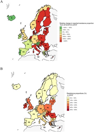 Additional Figure 1. Vancomycin-resistant E. faecium blood isolates in the EU/EEA. (A) Relative changes (in %) of proportions of vancomycin-resistant Enterococcus faecium (VREFm) among all E. faecium blood isolates between 2012/2013 (aggregated) and 2018* in European Union (EU) and Euroepan Economic Area (EEA). (B) Absolute VREFm proportions in 2018 (in %, VREFm isolates among all Enterococcus faecium blood isolates) in EU/EEA countries. * Since for Slovenia no data for 2018 were available, 2017 data were used. AT: Austria, BE: Belgium, BG: Bulgaria, CY: Cyprus, CZ: Czech Republic, DE: Germany, DK: Denmark, EE: Estonia, ES: Spain, FI: Finland, FR: France, GR: Greece, HR: Croatia, HU: Hungary, IE: Irleland, IS: Iceland, IT: Italia, LT: Lithunia, LU: Luxembourg, LV: Latvia, MT: Malta, NL: Netherlands, NO: Norway, PL: Poland, PT: Portugal, RO: Romania, SK: Slovakia, SL: Slovenia, UK: United Kingdom.