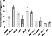 Figure 3 Effect of riboflavin and metalloporphyrins on cytochrome P-450 content in liver. Adult Wistar rats were administered riboflavin (10 mg/kg bw) and metalloporphyrins.