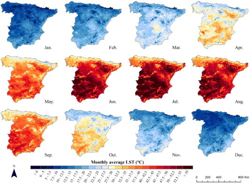 Figure 2. Spatial variability of the average monthly LST during 2010.