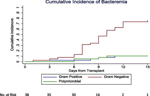 Figure 2. Cumulative incidence of mucosal barrier injury blood stream infection among allogeneic stem cell recipients (n = 38).
