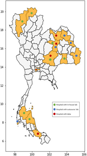 Figure 7 Geographic distribution of 19 participating hospitals using Pathum Raksa containers.