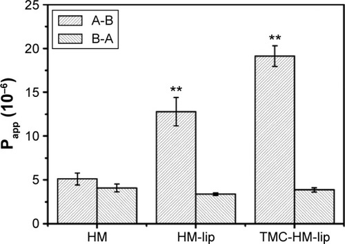 Figure 11 Bidirectional transport of HM, HM-lip, and TMC-HM-lip across Caco-2 cell monolayers (40 μg/mL, 37°C) (n=3).Note: **P<0.01, versus HM.Abbreviations: HM, harmine; HM-lip, harmine liposomes; Papp, apparent permeability coefficient; TMC, N-trimethyl chitosan; TMC-HM-lip, TMC-coated harmine liposomes.