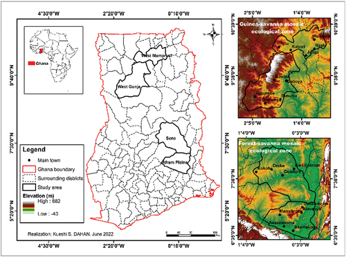 Figure 1. Location of the study areas used during the research for LULCs dynamic of two ecological zones in Ghana (Guinea-savanna and Forest-savanna mosaic) from 1991 to 2021.