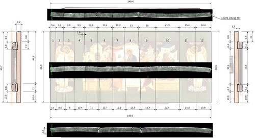 Figure 6. Drawing of the construction of the panel based on CT, with three CT-sections of the panel (top, centre, bottom).