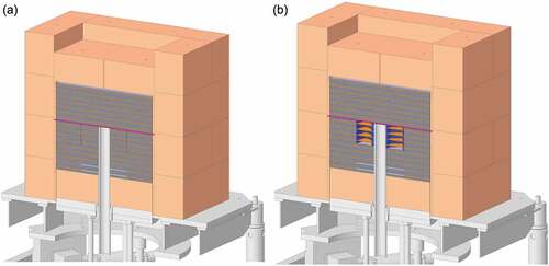 Fig. 9. HEU/Pb core depicted in (a) the reference configuration and (b) the 8V configuration with voids introduced by the replacement of lead with eight spacers