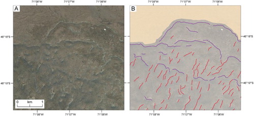 Figure 9. (A) Satellite image (DigitalGlobe 2012; ESRI™) and (B) mapped landforms on the northern margin of the LGC-BA lobe. Image shows saw-tooth push moraines and straight-to-sinuous inset ridges that align sub-parallel to former ice-flow direction, and are interpreted as preserved till eskers as recorded on some modern glacier forelands (CitationChristoffersen et al., 2005; CitationEvans et al., 2016).