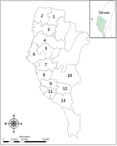 Figure 2. The schematic of clustering 13 hauling zones with pig farming activity in southwest Taiwan.