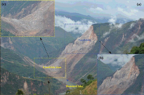 Figure 9. The Hongshiyan giant landslide triggered by the Ludian earthquake: (a) full view of Hongshiyan landslide, (b) image of the landslide initiation zone and (c) the Niulanjiang River was blocked by the landslide deposits.