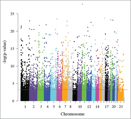 Figure 1. Manhattan plot of the relationship between maternal and fetal DNA methylation. The x-axis represents the position of each CpG site by chromosome. The y-axis represents the negative log10 of the P-value for the association between maternal and fetal methylation for each CpG site. The red line indicates experiment-wide significance based on a false discovery rate of 5% such that the 5,171 CpG sites above this line are significantly correlated in leukocytes from a mother and her fetus.