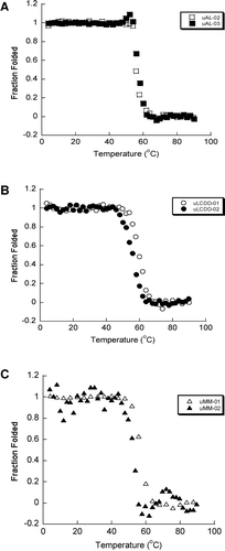 Figure 3. AL, LCDD and MM proteins have a β-sheet conformation by Far UV-CD. All of the BJP in this study display a β-sheet secondary structure based on the minimum ellipticity around 218 nm. (A) AL proteins, (B) LCDD proteins and (C) MM proteins. Experimental conditions: all Far UV-CD scans were performed at 4°C in a 0.2 cm path-length cuvette and in 10 mM Tris–HCl pH 7.4 buffer. Protein concentrations were determined to be between 5.5–25.6 μM.